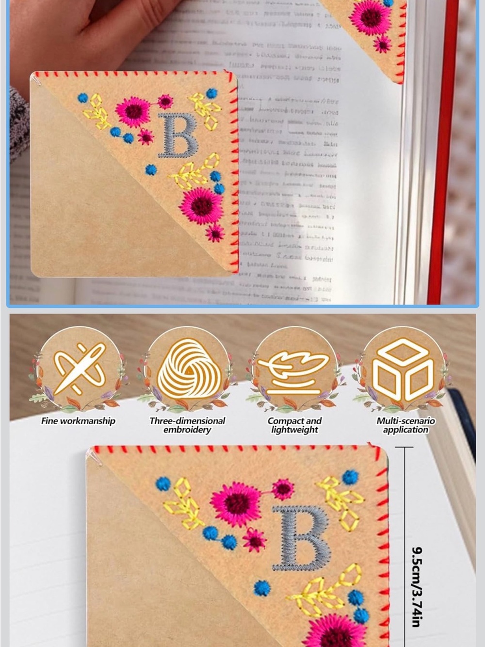 (B) Embroidered Beige Corner Bookmark with Pink & Blue Floral Accent.